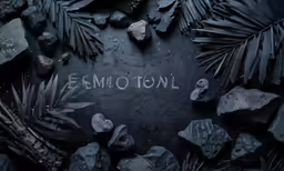 the word emotion spelled in the midst of rocks, leaves and stones