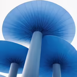 two large blue umbrellas in front of a white sky