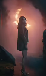the young woman is standing outside with flames coming out of her jacket