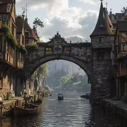 a river with a bridge and small boats in the water