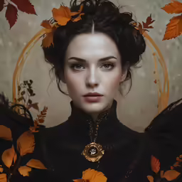 a young woman with dark skin and a wreath of leaves around her head