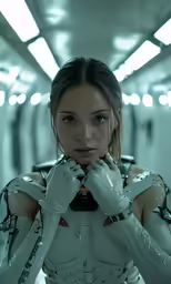 a girl wearing white leather holding a gun