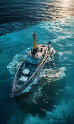the large, well lit boat has just sailed out in the ocean