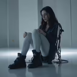 a woman wearing black boots is sitting and looking at her cell phone