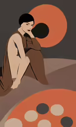 a woman sits in front of an orange circle