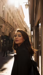 woman in black coat looking up on sidewalk