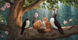 a painting with cats and birds on a branch