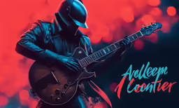 a person holding an electric guitar in a helmet and black leather jacket