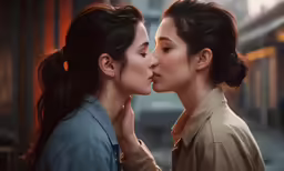 the women are sharing a kiss while wearing jackets