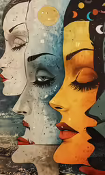 four faces that are all different colored shapes