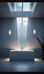 the bathroom has large, modern bathtubs and large wall lighting