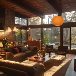 the sun is shining through the living room windows