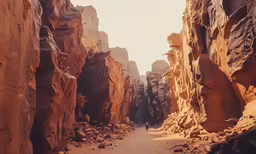 the man is walking up a narrow alley way between mountains