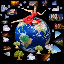 a woman in a red dress laying on the globe