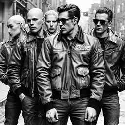 some guys in jackets walking around on the street,a group of men standing next to each other in front of tall buildings