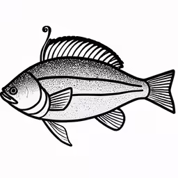 a black and white drawing of a fish