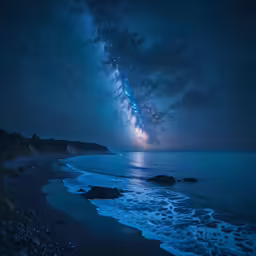 the ocean and some rocks under a sky full of stars