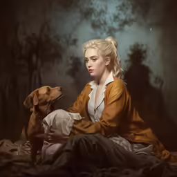 a woman sits in the bed with a dog