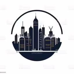 city silhouette with circle logo in dark colors,city skyline in a circle with the silhouette