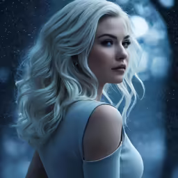 a woman with white hair and blonde hair looking off to the side