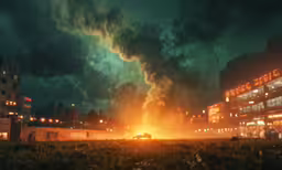 a building that is burning with the sky filled with smoke