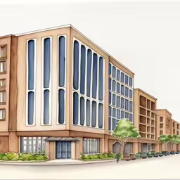 an office building with windows next to a tree,this is an image of a building painted,a watercolor sketch of a building with a lot of windows,a rendering of a building with windows and landscaping,a sketch of an office building on the corner