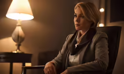the actress is sitting in a chair looking at the camera