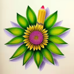 colorful drawing of an acrylic flower with a pencil,a pencil drawing of a flower with leaves and a big pencil