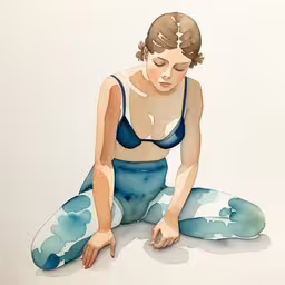 a girl in a blue outfit crouches down