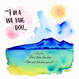 the mountain is covered in watercolor and has a quote,watercolor painting with an image of the sun and clouds
