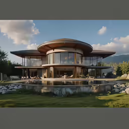 a photo of a modern building in a garden