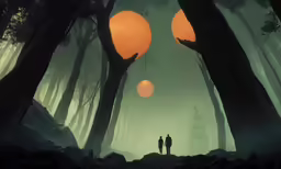 a forest scene with two people standing by giant orange balls
