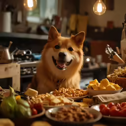 a dog in front of plates of food with the lights on