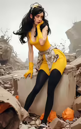the lady is dressed in a yellow outfit posing for the photo
