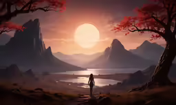 a person standing by a lake watching the sun rise over some hills