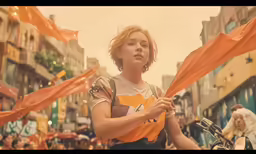 a woman is holding a red flag while riding her bicycle