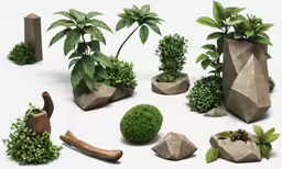 there are many planters with rocks around them