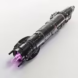 a large vehicle is made of metal and has purple light