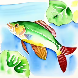 a picture of a fish with a leaf in the background,a picture of a fish and waterlilies in watercolor