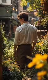 the man walks down the street in the middle of flowers