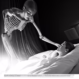 a skeleton is sitting on the bed next to a woman