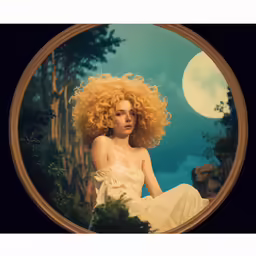 a woman sitting in a forest, with blonde hair