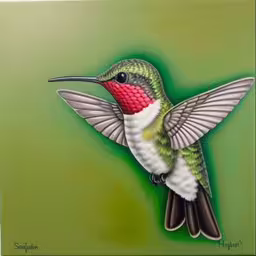a colorful hummingbird is painted on an image,a picture of a hummingbird with an acrylic look,a painting of a hummingbird on a green background,a painting of a humming bird with green background,there is a bird that is flying on the sky