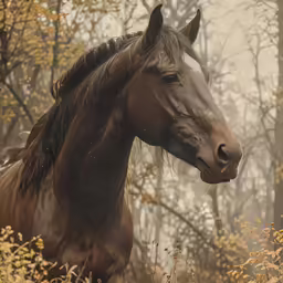 a horse in the middle of an overgrown forest