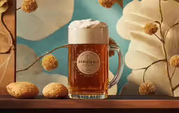 a mug sitting on top of a wooden table with some cookies next to it