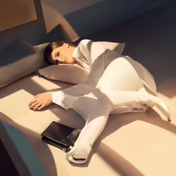 a woman in a suit and white dress laying on the floor