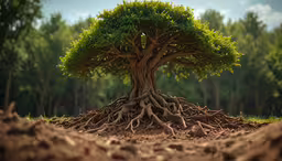 the ground below is brown and dirty,an image of a big tree with the roots still on it