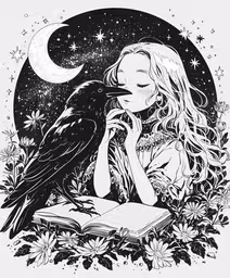 a girl reading a book and crow sitting on her knees,a girl with long hair is hugging a black bird