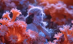 a woman in white dress standing amongst large flowers