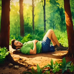 a person lying on the ground under a tree in a forest,man in green shirt laying on dirt path in trees